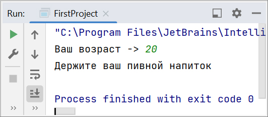 Скриншот консоли IntelliJ IDEA с выводом одобрения возраста 20 для пива