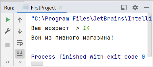 Скриншот консоли IntelliJ IDEA с выводом неодобрения возраста 14 для пива