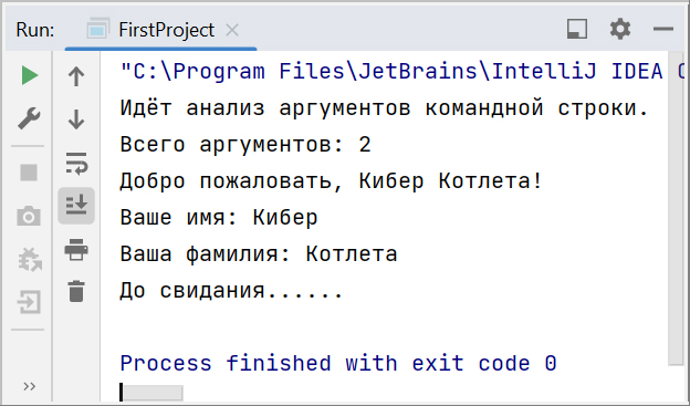 Скриншот консоли IntelliJ IDEA с выводом аргументов командной строки