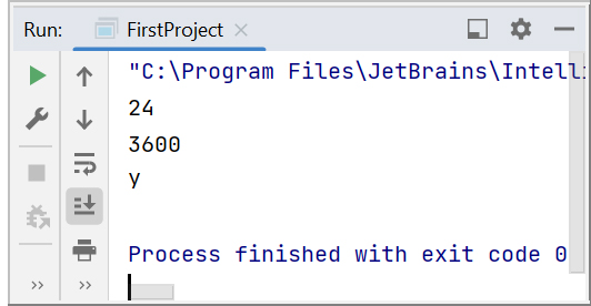 Скриншот консоли IntelliJ IDEA с выводом 2 чисел и 1 буквы