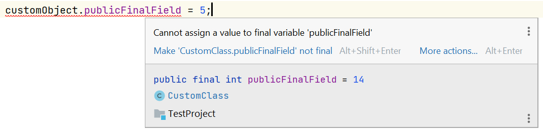 Скриншот предупреждения в IntelliJ IDEA о невозможности изменения финальной переменной