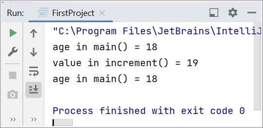 Скриншот консоли IntelliJ IDEA со значением переменной age в методах main() и increment()