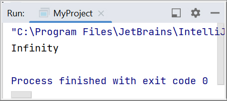 Скриншот консоли IntelliJ IDEA с выведенным значением Infinity
