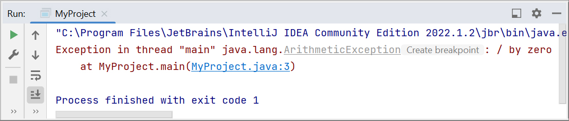 Скриншот консоли IntelliJ IDEA с исключением ArithmeticException