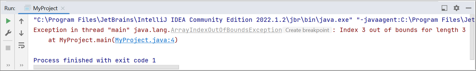 Скриншот консоли IntelliJ IDEA с исключением ArrayIndexOutOfBoundsException