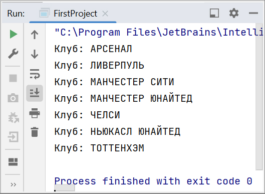 Скриншот консоли IntelliJ IDEA с выводом нескольких клубов английской-премьер лиги посредством цикла