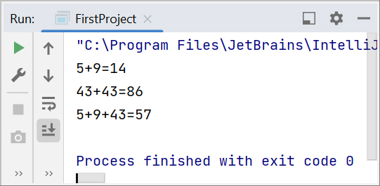 Скриншот консоли IntelliJ IDEA с выводом сумм чисел