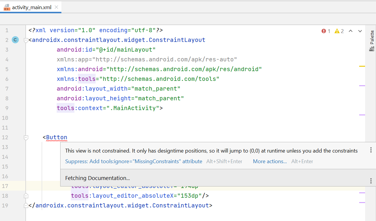 Код XML-файла разметки интерфейса Android-приложения, где IntelliJ IDEA ругается на отсутствие ограничений компонента в ConstraintLayout