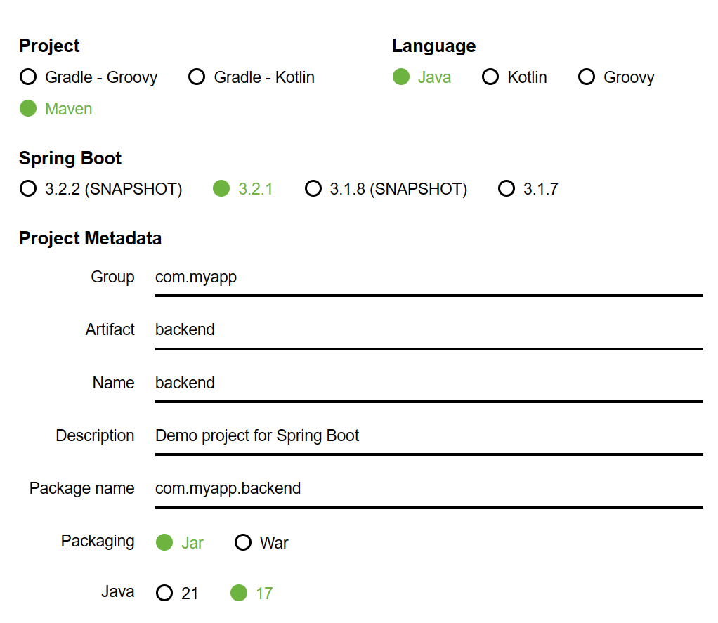 Настройка информации о проекте SpringBoot на сайте Spring Initializer