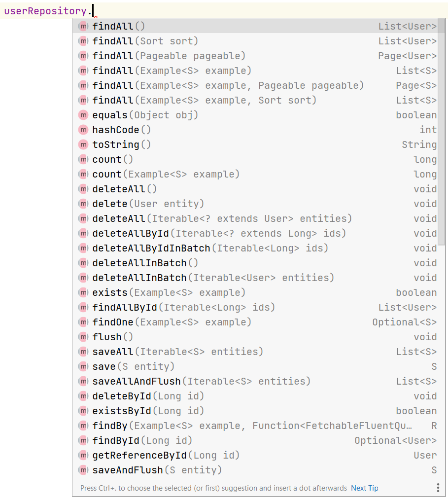Подсказки методов для объекта репозитория UserRepository в рамках проекта Spring