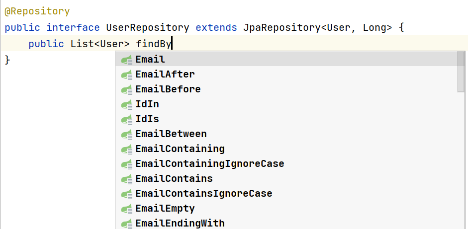 Подсказки новых методов, начинающихся с findBy, для объекта репозитория UserRepository в рамках проекта Spring