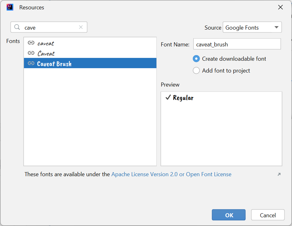 Выбор шрифта Caveat в IntelliJ IDEA для Android